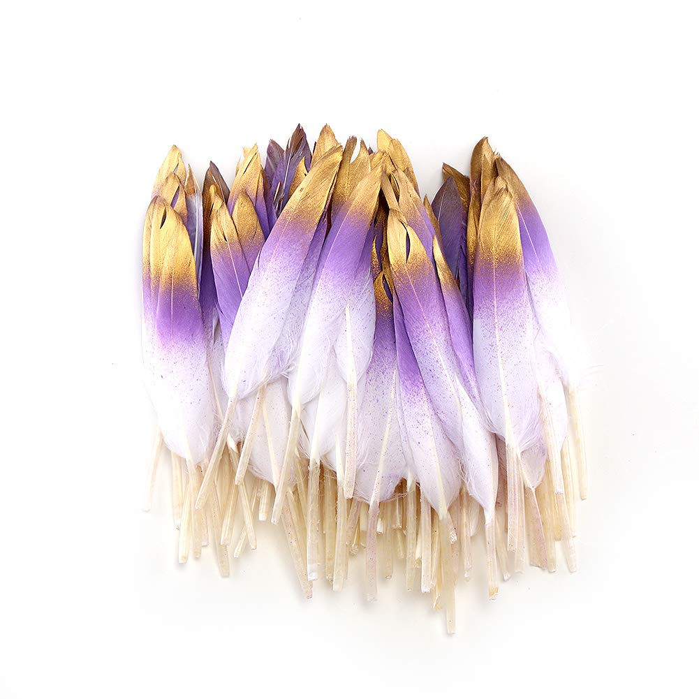 Sowder 50pcs Colorful Gold Goose Feathers 4-6inch(10-15cm) for Art Craft Party Decoration Clothing Accessories Duck Feather(Purple&Gold)