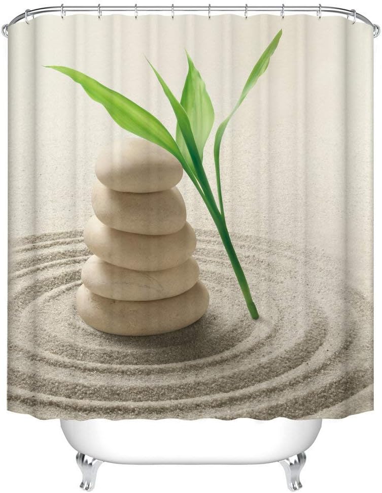 Fangkun Spa Decor Bamboo Shower Curtain Set - Zen Stone Garden Rocks Spa Bamboo Beach Art Bath Curtains - Polyester Fabric Waterproof Curtains - 12 PCS Hooks - 72 x 72 inches