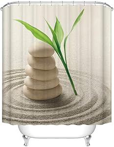Fangkun Spa Decor Bamboo Shower Curtain Set - Zen Stone Garden Rocks Spa Bamboo Beach Art Bath Curtains - Polyester Fabric Waterproof Curtains - 12 PCS Hooks - 72 x 72 inches