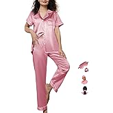 WJing Yi Jia Womens Pajamas Set XS-4XL Silk Satin Pajama Sets Short Pj Sets Button Down Pjs Set Loungewear -Size:4XL Dusty Rose