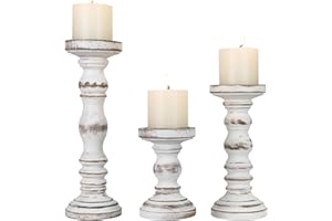 CEDARLUX Candle Holder for Pillar Candle Set of 3, Farmhouse Wood Candle Holder, Rustic Wooden Candle Stand, Vintage Tall Candle Stand Decorative for Living Room, Table Centerpiece (Antique White)