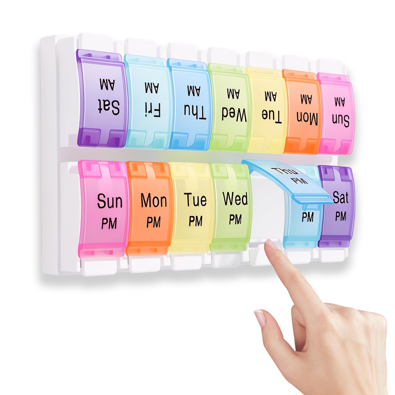 Weekly Pill Box Organiser, Portable Weekly Tablet Box Organiser with Unique Push Buttons Open Design, 7 Day 2 Times AM PM Large Medical Organiser for Work, Travel, Home