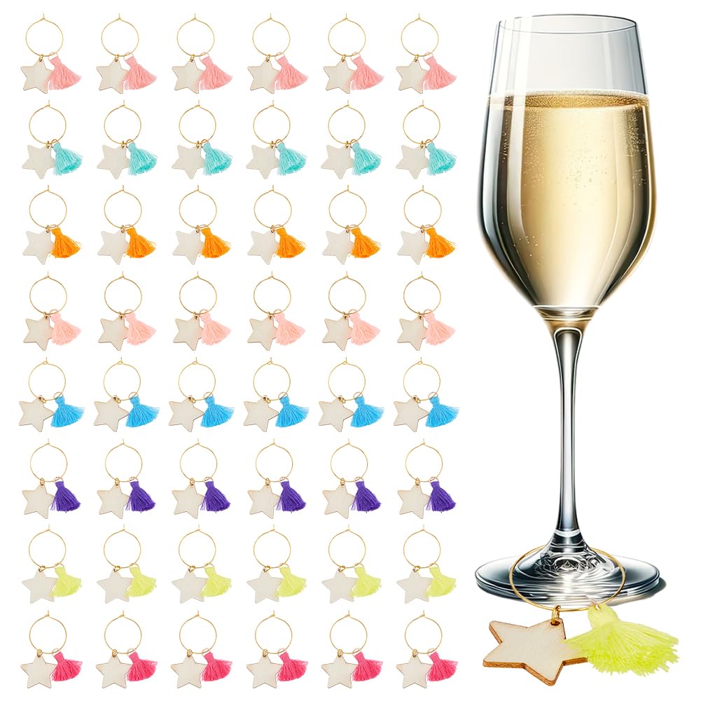 HOBBIESAY 48Pcs 8 Colors Wine Glass Charms Wood Wine Charms for Stem Glasses Star Drink Marker Tags Funny Wine Themed Party Decorations for Wine Glass Champagne Flutes Cocktails