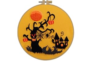 Esffaci Embroidery Starter Kit for Adult Beginner with Halloween Pumpkin Spider Castle Pattern Stamped Cross Stitch Set with Embroidery Cloth Hoop Needle Threader Embroidery Floss and Instruction