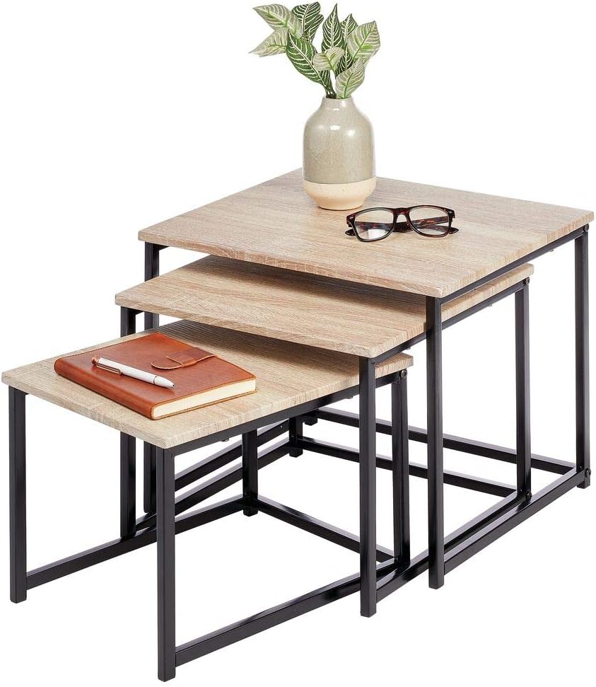 mDesign Modern Farmhouse Nesting Side/End Table - Metal Wood Design - Sturdy Vintage, Rustic, Industrial Home Decor Accent Furniture for Living Room, Bedroom - Set of 3 - Natural/Black: Home & Kitchen