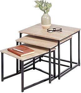 mDesign Modern Farmhouse Nesting Side/End Table - Metal Wood Design - Sturdy Vintage, Rustic, Industrial Home Decor Accent Furniture for Living Room, Bedroom - Set of 3 - Natural/Black