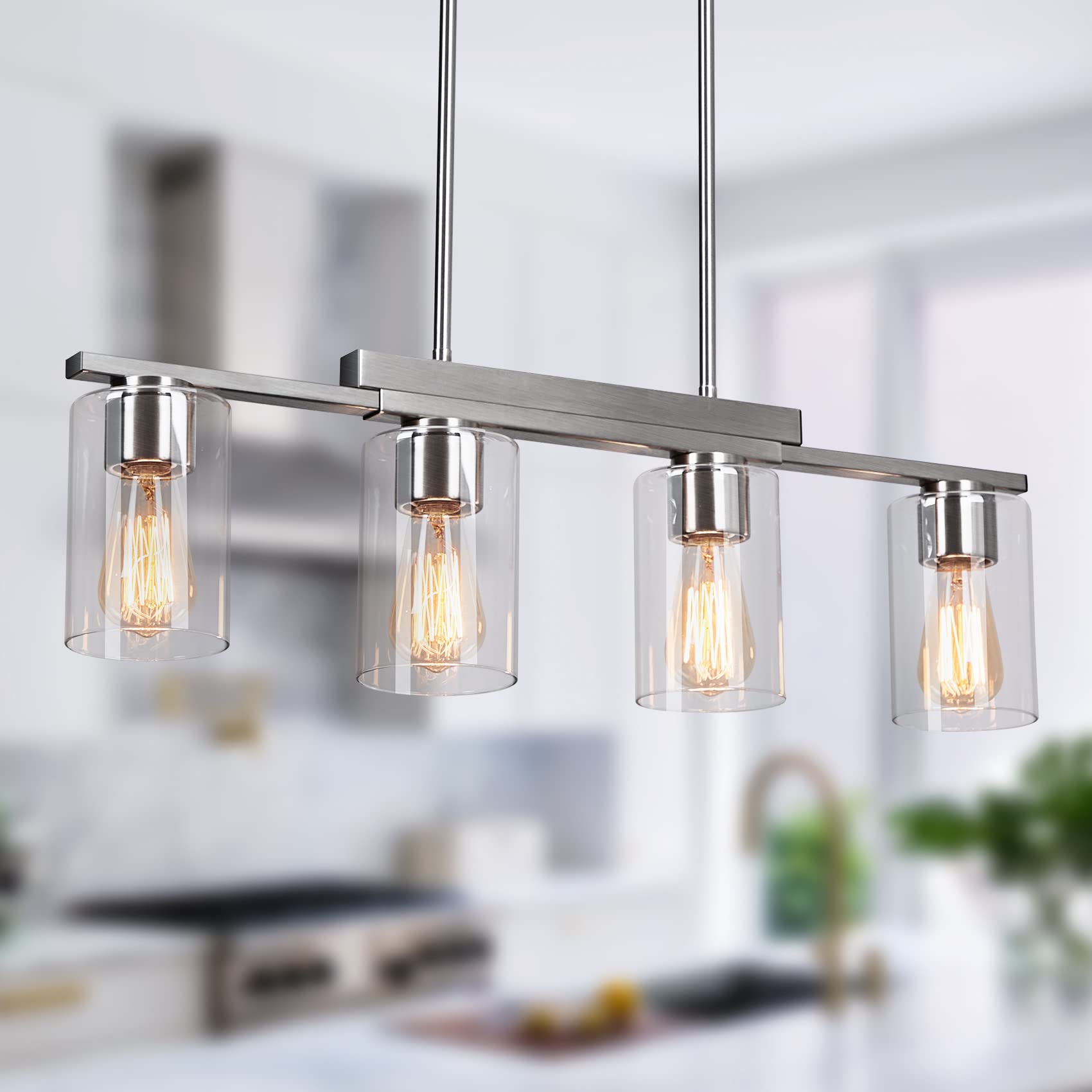 Photo 1 of WILON Kitchen Island Lighting, 4-Light Dining Room Light Fixture with Clear Glass Shade Linear Chandelier Brushed Nickel Pendant Lighting for Kitchen Island, Dining Room Light Fixture Over Table