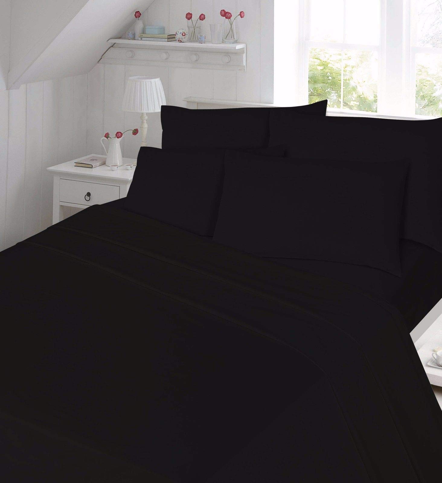 clicktostyle 100% BRUSHED COTTON 4FT SMALL DOUBLE FLANNELETTE EXTRA DEEP 16" FITTED SHEET WARM SOFT BED SHEETS (Black)