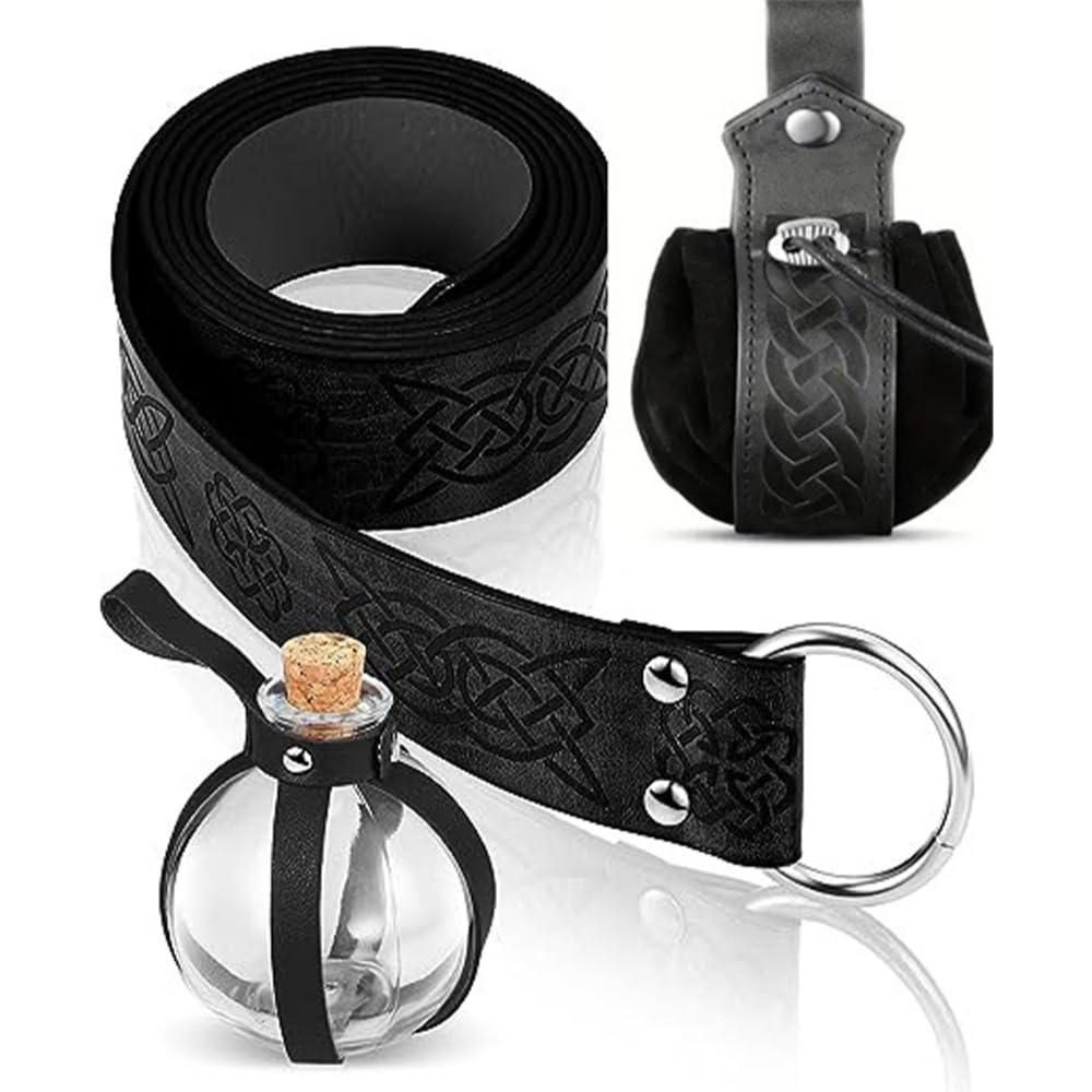 DONGKER 4 Pcs Leather Belt Pouch, Magic Bottle Holster Round Ball with Wooden Cork Drift Bottle&Cork Medieval Bag, Viking Belt Renaissance Accessories for Halloween Cosplay Knight