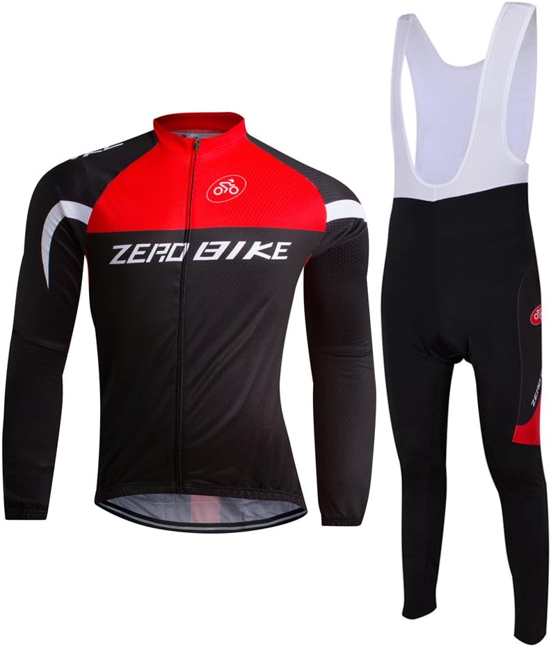 ZEROBIKE Men's Outdoor Breathable Sports Long Sleeve Cycling Jersey and 3D Padded Braces Tights Bib Pants Set