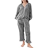 COZYPOIN Womens Plaid 2 Piece Pajamas Sets Cotton Gingham Puff Long Sleeve Cute Shirt Ruffle Pants Y2K Pjs Lounge Set