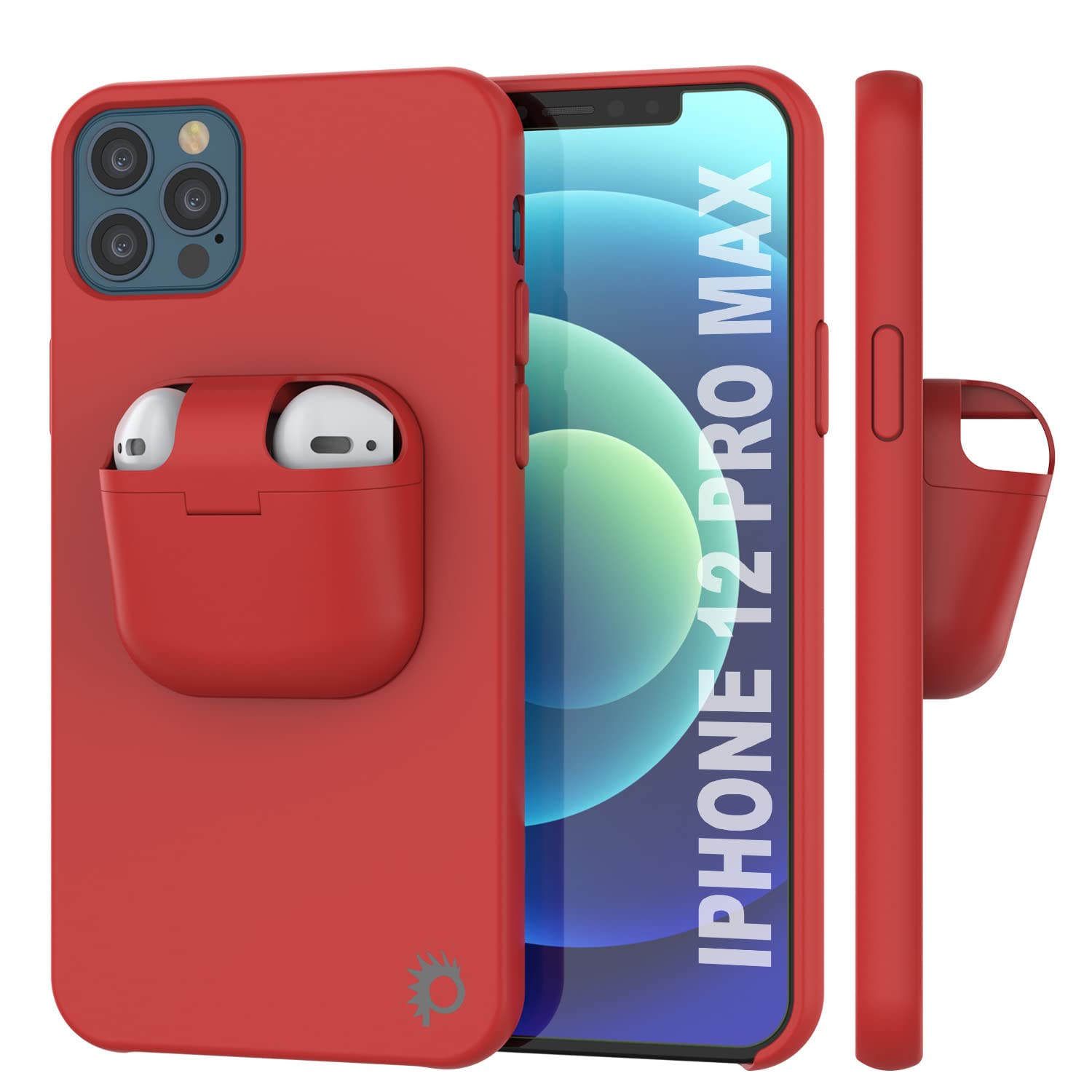 PunkCase for iPhone 12 Pro Max Airpods Case Holder (CenterPods Series) | Slim & Durable 2 in 1 Cover Designed for iPhone 12 Pro Max (6.7") | Protects Your Phone & Stores Your AirPods Gen. 1 & 2 [Red]