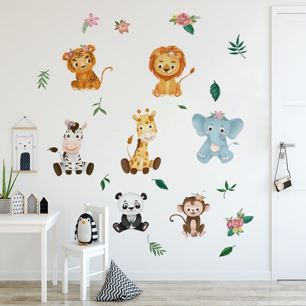 Runtoo Watercolor Safari Animals Wall Decals Elephant Giraffe Flower Jungle Wall Stickers Kids Room Bedroom Baby Nursery Home Decor