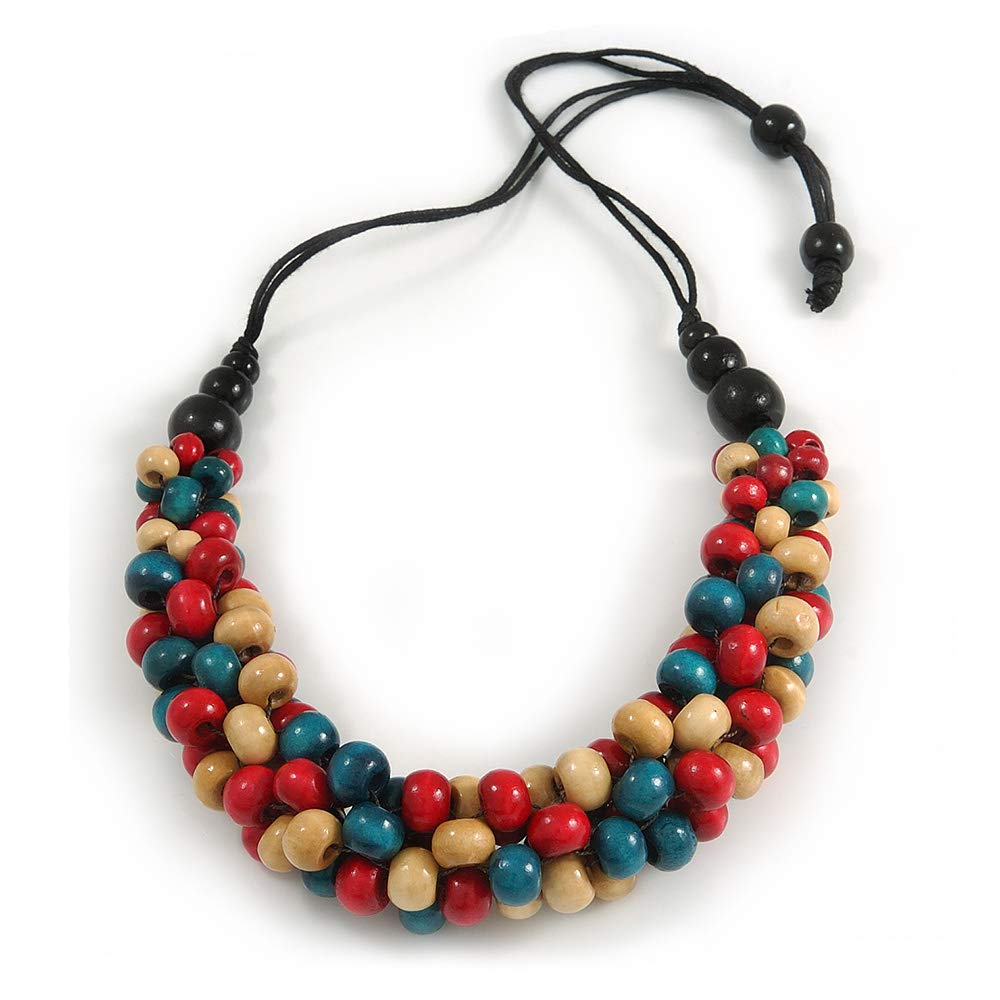 Avalaya Chunky Natural/Red/Teal Wood Bead Black Cotton Cord Necklace - 68cm Length