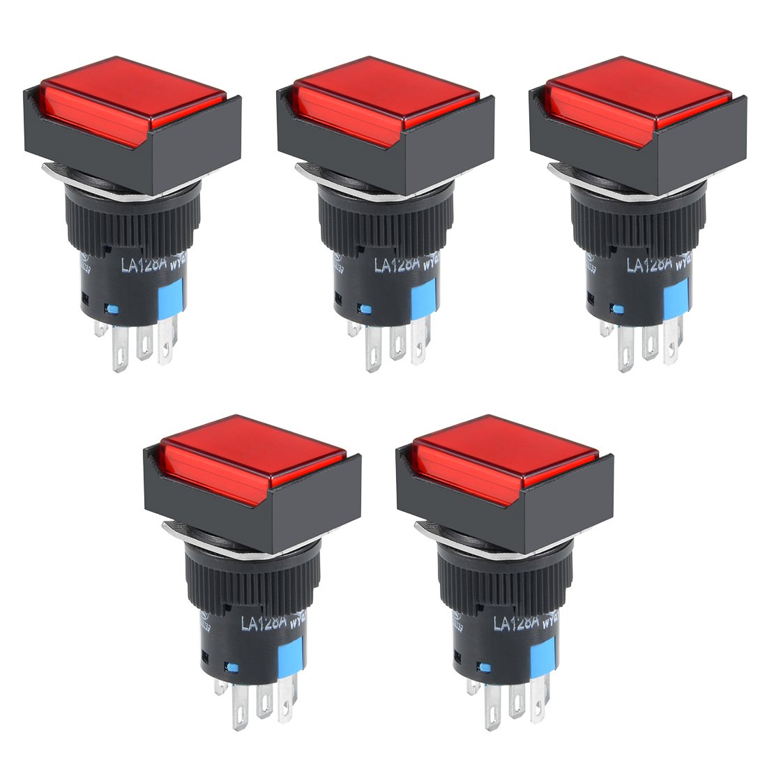 Sourcingmap 5Pcs 16mm Momentary Push Button Switch Red Color LED Light Rectangular Button 1 NO 1 NC