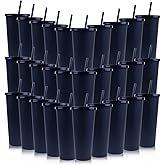 Ahongwenxi 30 Pack Halloween Black Plastic Cups with Lids and Straws, 24 oz Disposable Plastic Tumblers Iced Coffee Cups Travel Mug Cup for Juices Birthday Bachelorette Party Wedding (Black,24 oz)