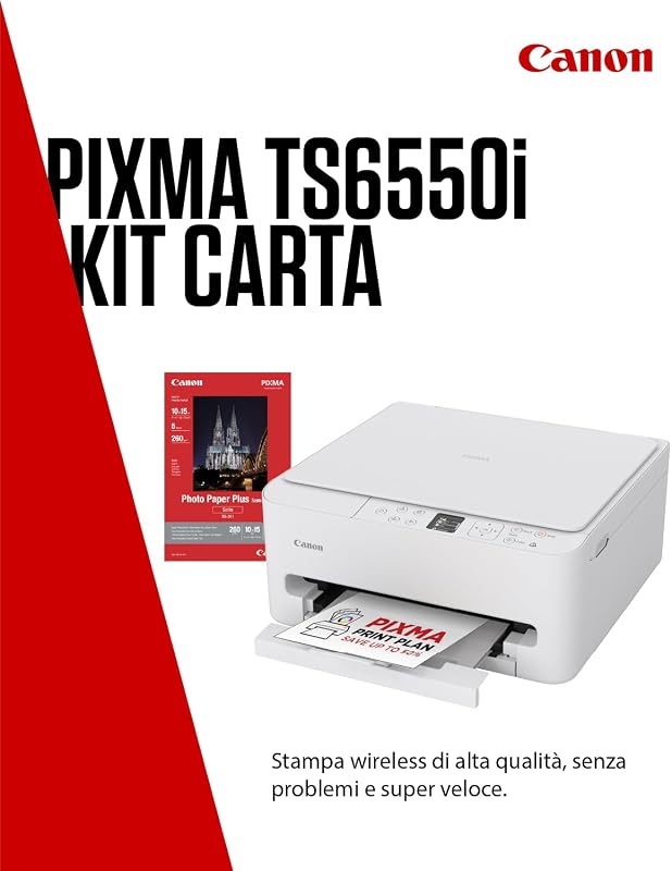 PIXMA TS6550I - Stampante Multifunzione con Connettività Wi-Fi e Display OLED da 1,42 PIXMA Print Plan - Include Carta Fotografica A4 SG-201, 5 Fogli