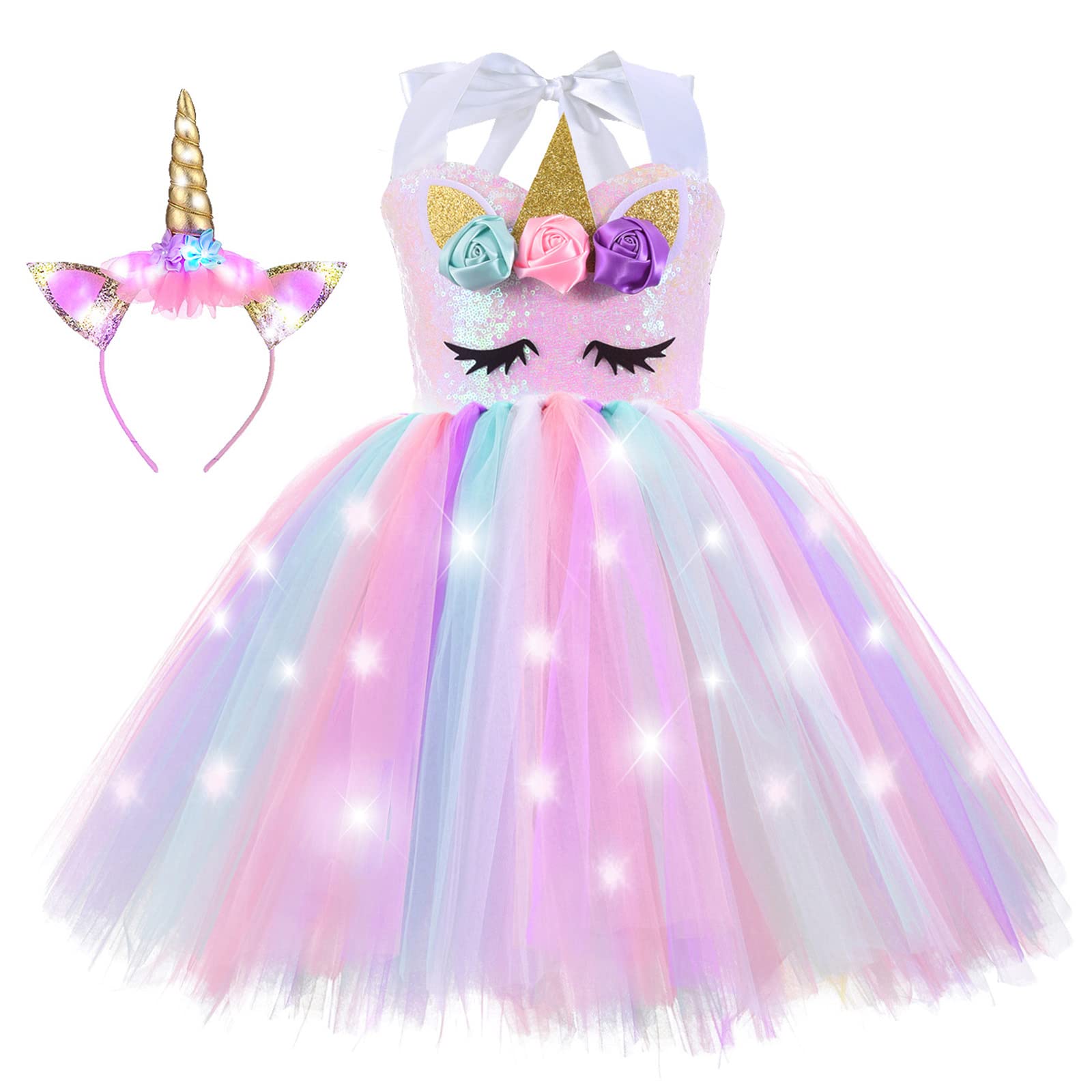 Photo 1 of Genafy Unicorn Princess Dresses for Girls LED Light Up Rainbow Tutu Fairy Dress Kids Halloween Christmas Gifts Toddler Easter Tea Birthday Party Outfit with Headband Pink 3t 4t
