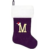 20 Inches Monogram Christmas Stockings, Purple Velvet with White Super Soft Plush Cuff Embroidered Letter Christmas Stocking, Personalized Xmas Stocking for Xmas Tree Holiday Fireplace Family Decor(M)