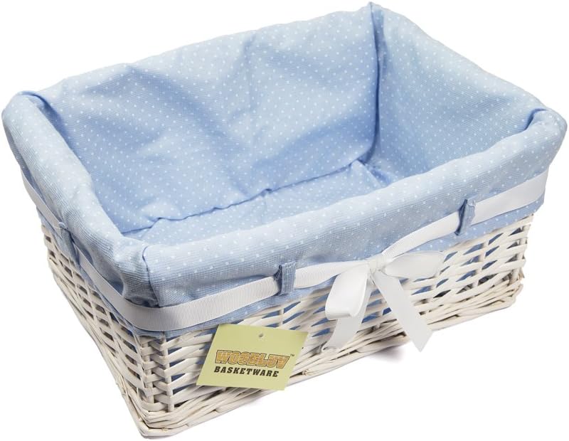 Woodluv Rectangular White Willow Wicker Hamper Storage Basket-With Blue Fabric & Ribbon (Gift Hamper Basket) -Medium