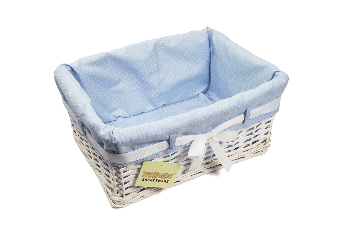 Woodluv Rectangular White Willow Wicker Hamper Storage Basket-With Blue Fabric & Ribbon (Gift Hamper Basket) -Medium