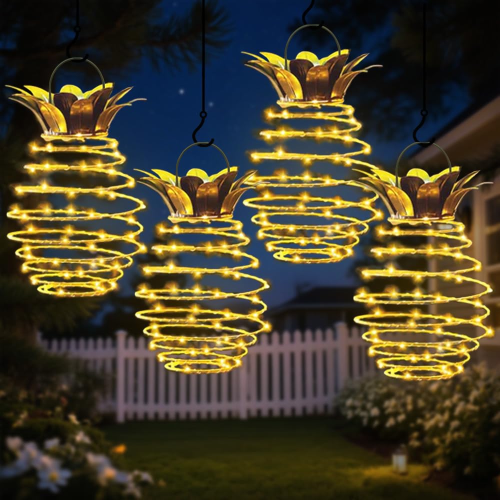 Photo 1 of JHPGEOE 4 Pack Outdoor Solar Hanging Lantern Lights - 60LED Waterproof Solar Pineapple Light Outdoor for Garden,Yard Porch Lawn Backyard Landscape Pathway Patio Outside Gardening