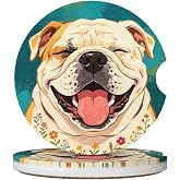 EUPRE Bulldog 2 Pcs Ceramic Coasters Car Cup Holder Coaster Drink Mat | Anti-Slip Cup Holder Mat Absorbent Coaster With Finger Notch Non-Scratch Cork Back Base Universal Car Accessory For Women Men