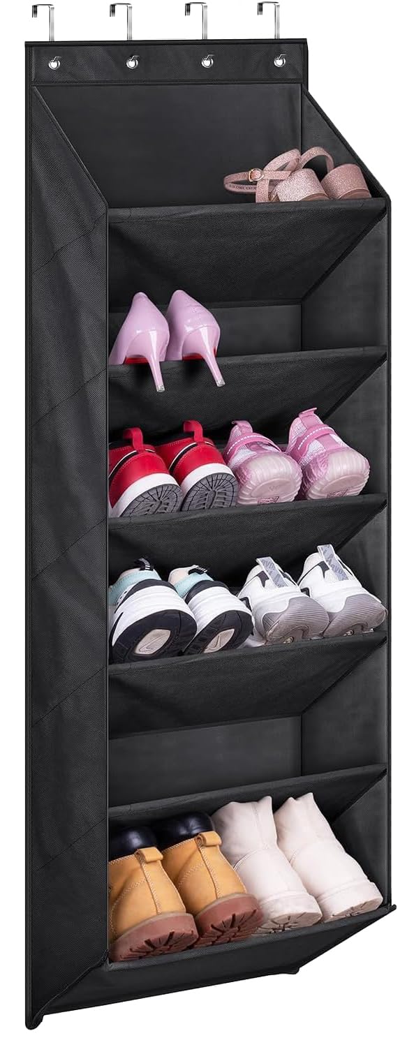 MISSLO Over Door Shoe Storage with Deep Pockets Hanging Shoe Organiser 6 Shelves Door Shoe Rack for Closets and Narrow Doors Shoes Holder Hanger, Black