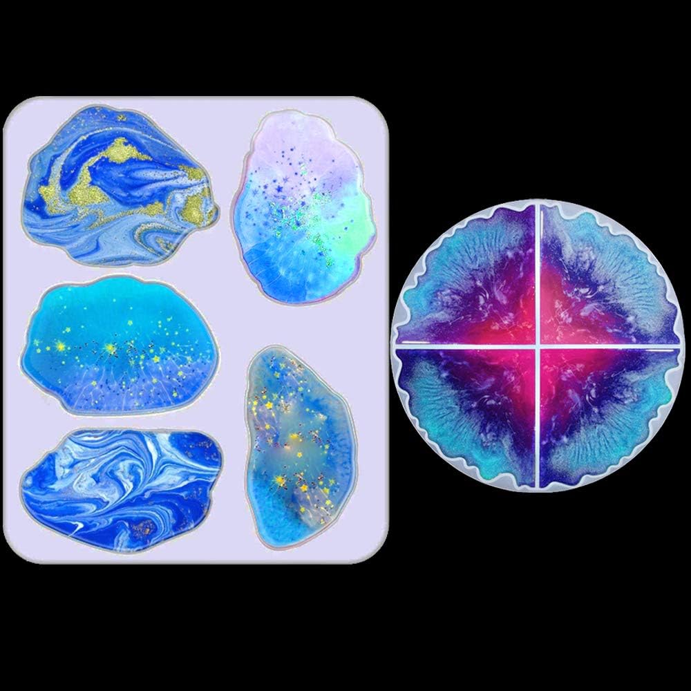 Octor Silicone Coaster Molds Set,2 Pcs Large Size Irregular Regular Flexible Geode Agate Tray Resin Molds for Making Coaster, Pendant, Bowl Mat
