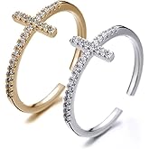 Hebelee 2 Pieces CZ Cross Promise Rings for Women Eternity Ring Stackable Wedding Open Band Rings Adjustable Finger Statement Engagement Jewelry