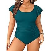 Plus Size One Piece Swimsuit - Women Tummy Control Bathing Suit Ruffle Vintage Swimwear with Sleeves
