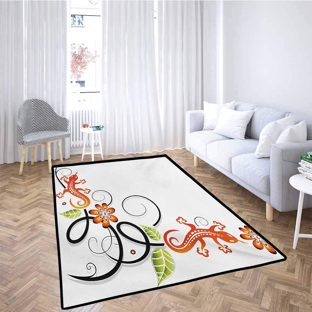 Tribal Large Area Mat Small Baby Lizard Flowers and Leaves with Oriental Lines Print Children Play Rugs Orange Green Black White 5x8 Feet