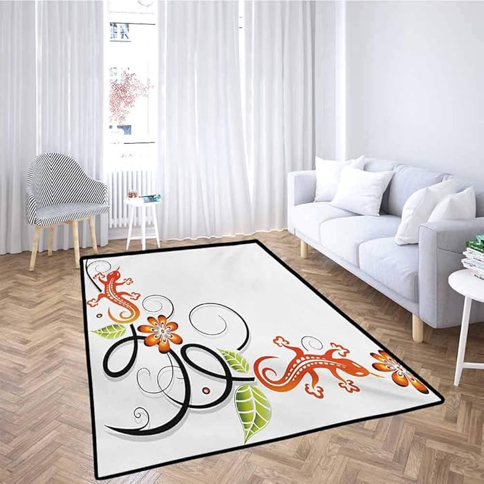 Tribal Large Area Mat Small Baby Lizard Flowers and Leaves with Oriental Lines Print Children Play Rugs Orange Green Black White 5x8 Feet