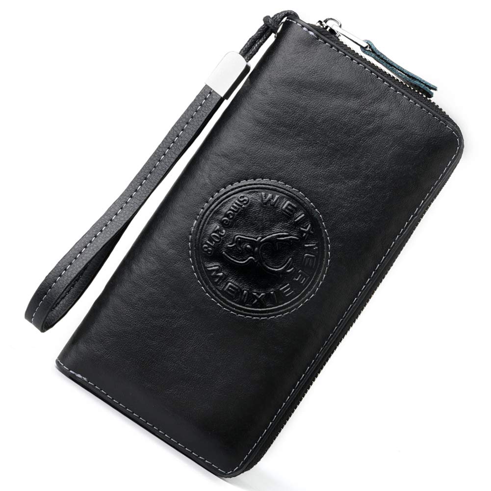 WEIXIER Men's Clutch Bag Handbag Leather Zipper Long Wallet Business Hand Clutch Phone Holder (Single Zip Stop RFID Black) โ image 1