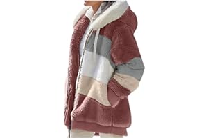 OIOLOYJM Winter Coats for Women Fuzzy Fleece Jacket Zipper Hooded Color Block Patchwork Cardigan Sherpa Outerwear with Pocket