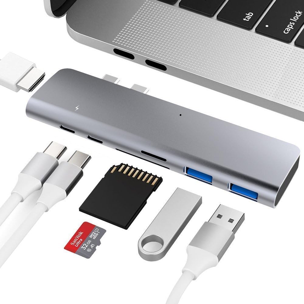 USB C Hub Aluminum Type C Hub Adapter for MacBook Pro 13″ and 15″ 2016/2017, USB C to HDMI Adapter with &TF/SD Card Reader, USB-C Power Delivery, 2 USB 3.0 Ports, Compatible with MacBook Pro