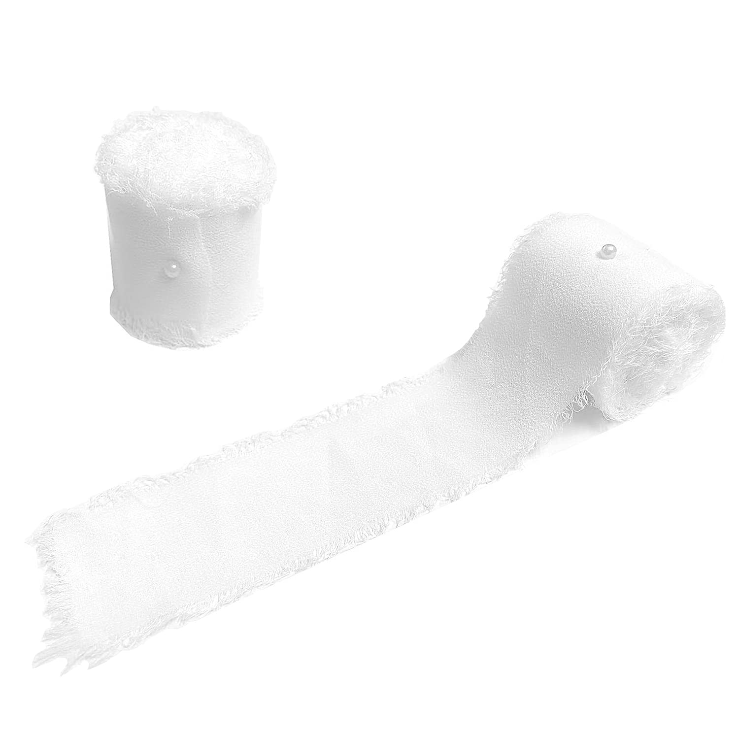 2 Rolls 1.5 Inch x 5.5 Yard Handmade Fringe Chiffon Ribbon Frayed Edges Silk-Like Rustic Ribbon for Bouquets Wrapping Decor Wedding Tie Invitations Crafts (White)