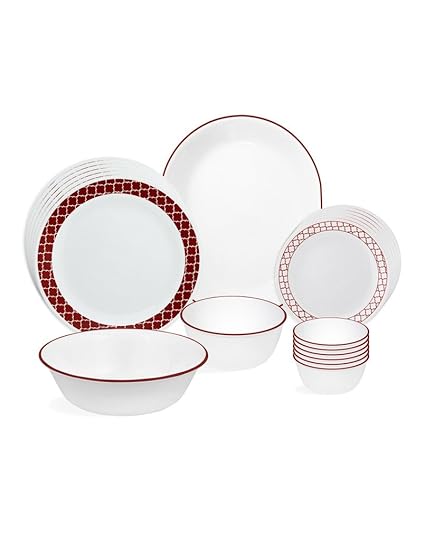 Corelle Crimson Trellis Glass Dinnerware Set, 21-Pieces, Red