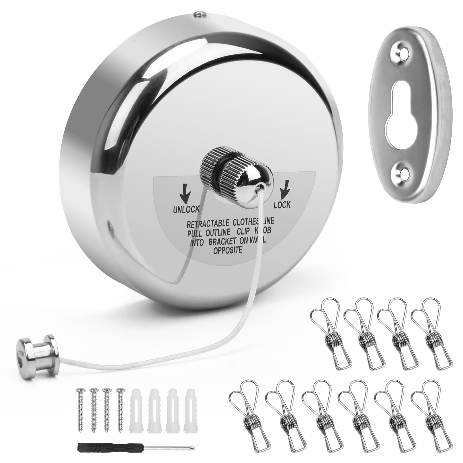 Photo 1 of Catcan Retractable Clothesline, Stainless Steel Round Clothes Line Retracting Indoor for Hotel, Bathroom, Laundry with 10 PCS Metal Clothespins Adjustable Rope Shower Clothing Line(9.2FT Nylon String)