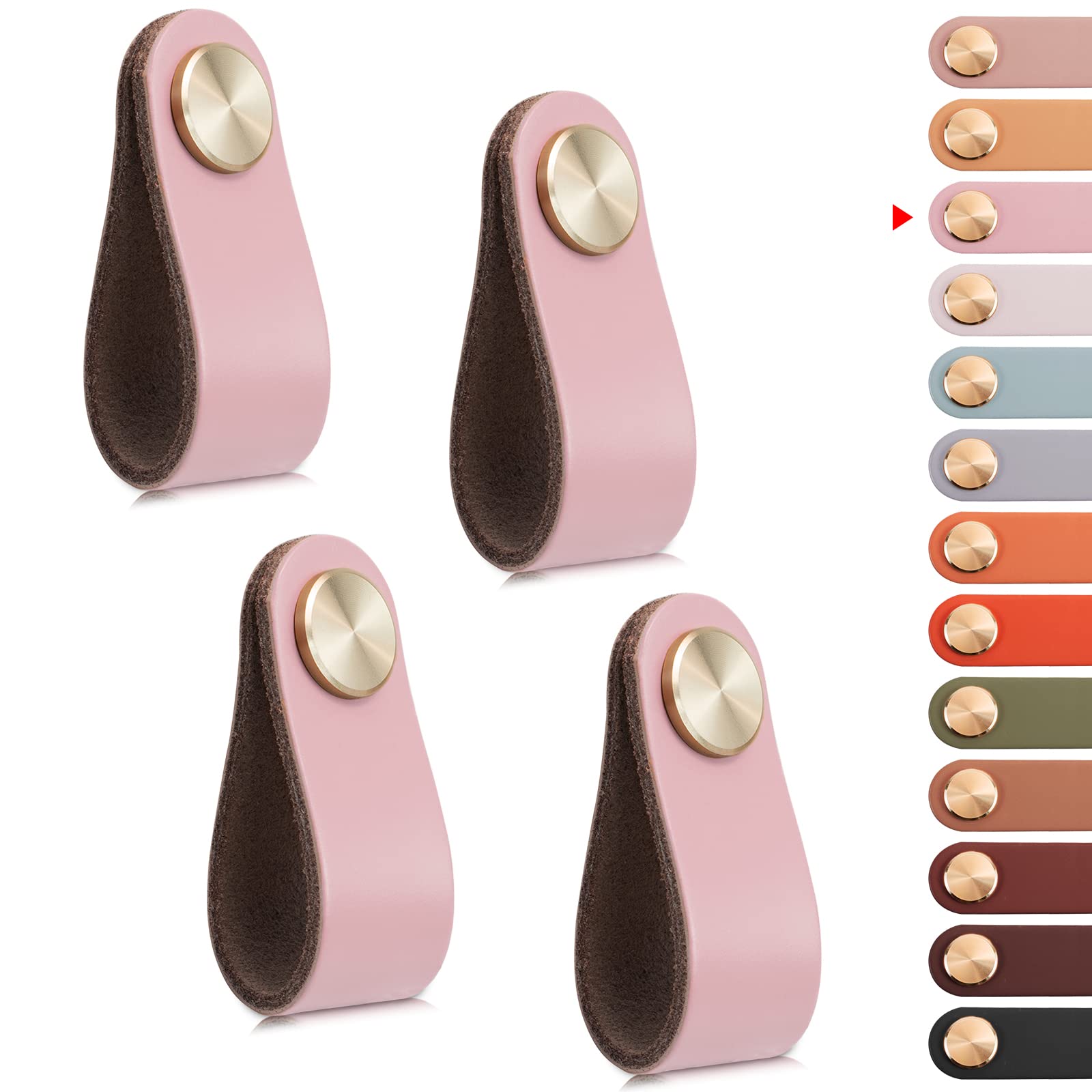 LEREATI 4pcs Leather Drawer Handles Drawer Knobs Kitchen Cupboard Handles, Leather Drawer Pulls for Cupboards, Wardrobe, Dresser, Closet (Pink, Single Hole)