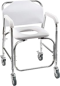 DMI Rolling Shower and Commode Transport Chair with Wheels and Padded Seat for Handicap, Elderly, Injured and Disabled, 250 lb Weight Capacity