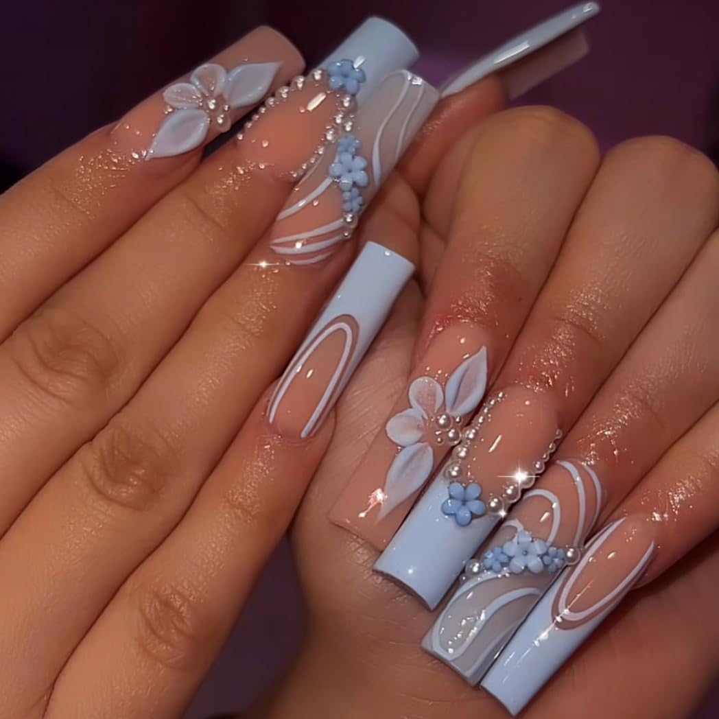MERVF Long Square Press on Nails Blue French Tip Fake Nails Press ons with 3D Flower Design Glue on Nails Squoval Pearls Acrylic Nails Spring Glossy 24pcs False Nails