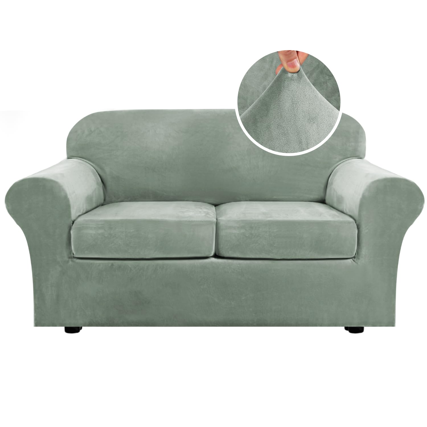 Photo 1 of H.VERSAILTEX Real Velvet Plush 3 Piece Stretch Sofa Covers Couch Covers for 2 Cushion Couch Loveseat Covers Width Up to 72 Inch Thick Stay in Place (Medium Sofa, Sea Grass)