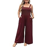 Eytino Plus Size Jumpsuit for Women Spaghetti Strap Sleeveless Overalls Stretchy Wide Leg Pants Long Rompers with Pockets