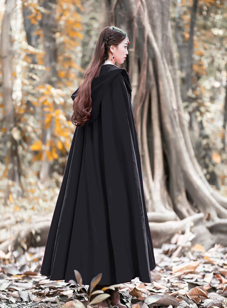Gihuo Women's Wool Hooded Cape Solid Color Maxi Cloak Trench Coat (Black, One Size): Clothing
