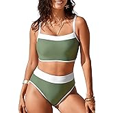 Herseas Women's Two Tone Patchwork Bikini Sets U Neck Swimsuit High Waisted Bathing Suit