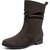 VJH confort Women's Mid Calf Boots, Almond Round Toe Low Heel Comfort Dress Slouchy Booties