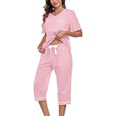EA'S SECRET 100% Cotton Women's Pajama Set V Neck Top and Capri Pants Sleepwear Sets Loungewear with Pockets