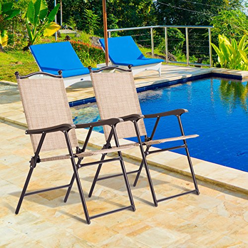 Giantex Patio Folding Chairs Sling Back Chairs Indoor Outdoor Camping Chairs Garden Patio Pool Beach Yard Recliners Lounge Chairs w/Armrest Set of 2 (Yellow)