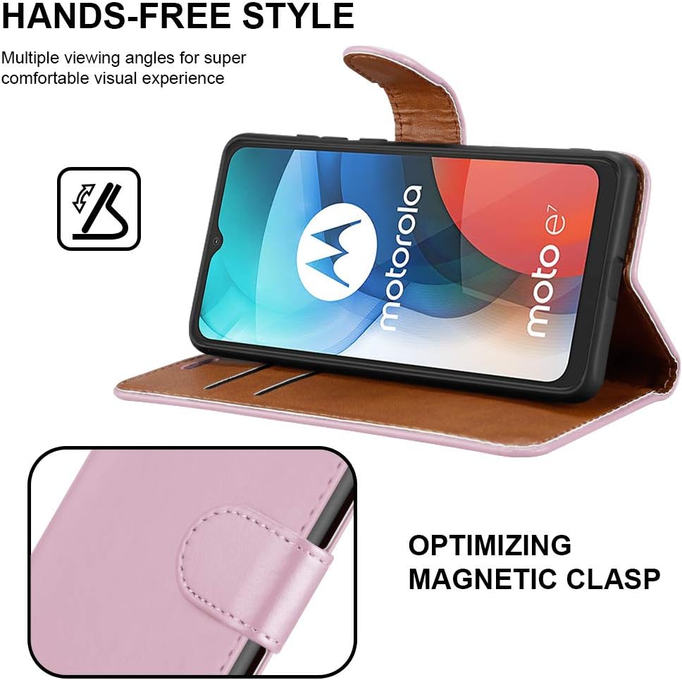 iCatchy For Motorola Moto E7 (2020) Case Leather Wallet Book Flip Folio Stand View Cover with Card Slots Compatible with Motorola Moto E7 (6.5'') Phone Cover (Rose Gold) - Image 4